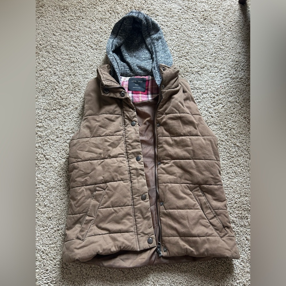 Love Tree Brown and Red Plaid Lined Vest